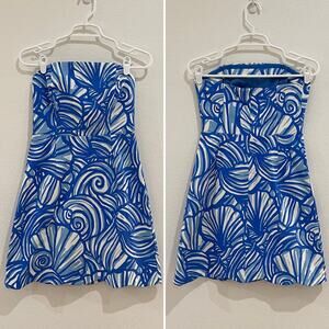 NWT Vineyard Vines Blue White Nautilus Shell Scallop Hem Strapless Mini Dress